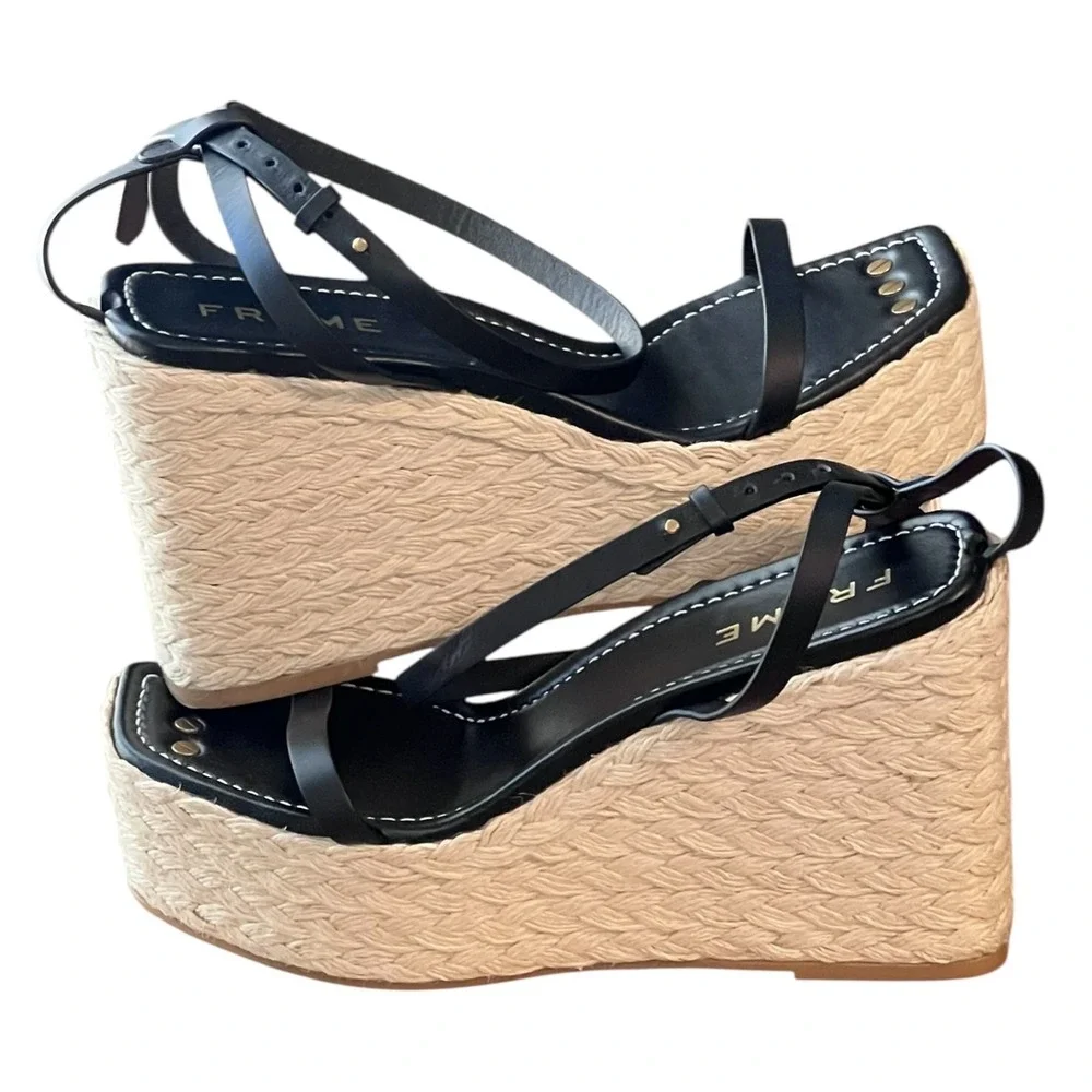 FRAME Black Leather Espadrille Platform‎ Wedge Sandals Ankle Strap Size 10 EU 41
